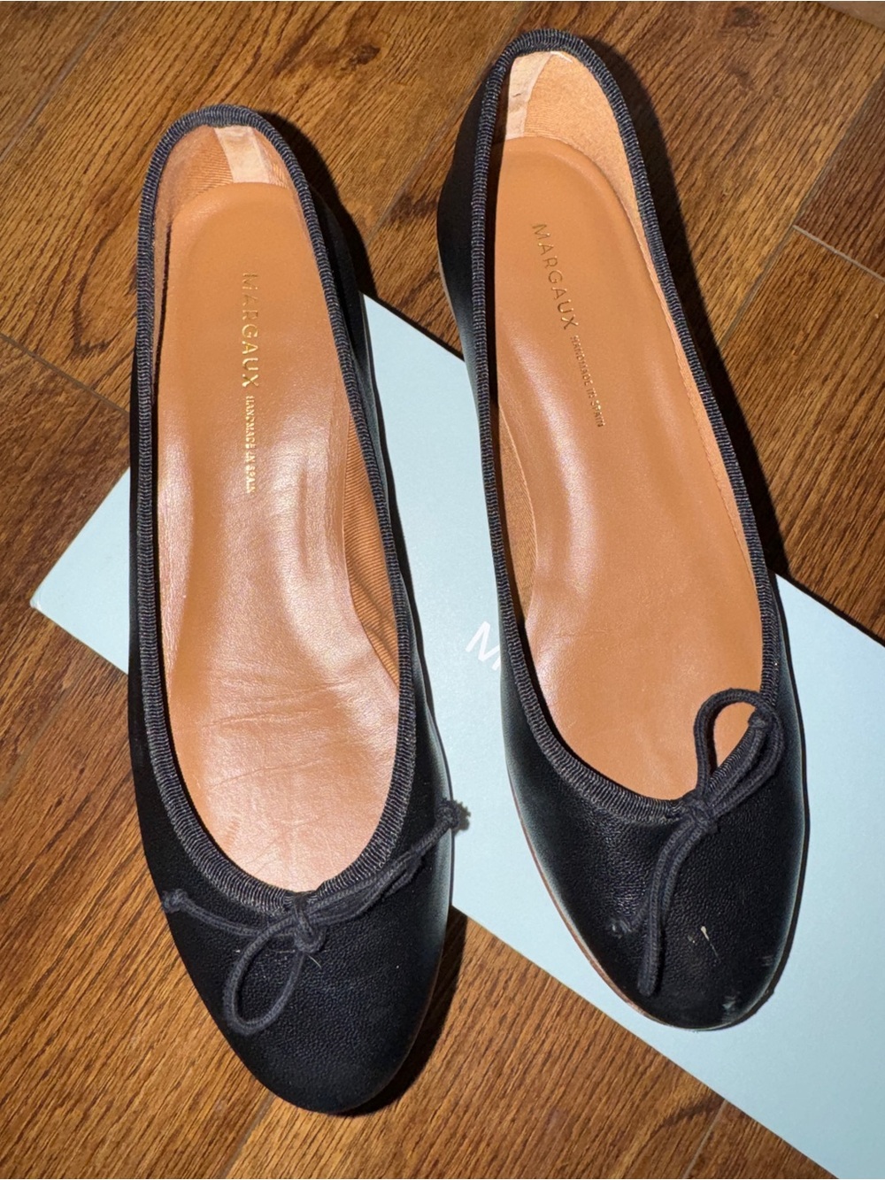 Margaux Black Leather Ballet Flats with Bow - Picture 7 of 8